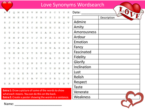 Love Synonyms Wordsearch English Language Literacy Starter