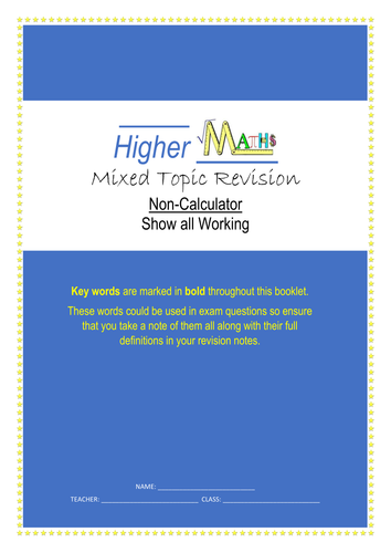 20 page Higher Maths Mixed Topic Revision Booklet: Includes Proofreading Challenge and Crossword