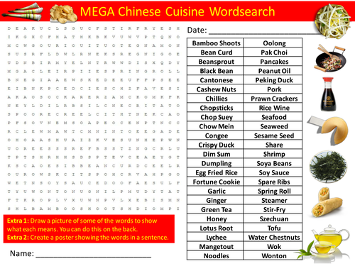 Chinese Cuisine 3 x Wordsearch New Year Food Literacy Starter Activity