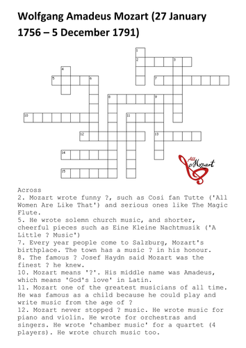 Wolfgang Amadeus Mozart Crossword Teaching Resources