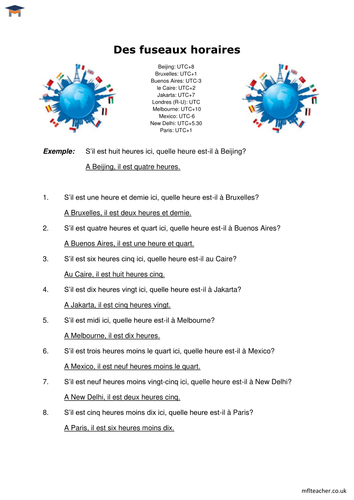 French - Time zones worksheet (answers)