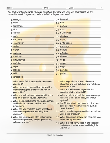 healthy lifestyle nutrition definitions worksheet teaching resources