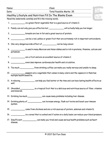 healthy lifestyle nutrition fill in the blanks exam teaching resources