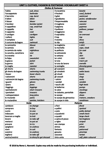 Italian Vocabulary Practice | Teaching Resources