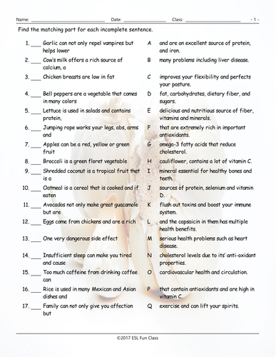 healthy lifestyle nutrition sentence match up worksheet teaching resources