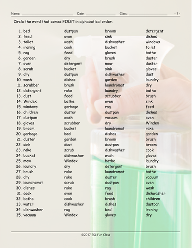 household chores cleaning supplies alphabetical order worksheet