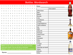 Types of Bottles Wordsearch Glass Materials Literacy Starter Activity