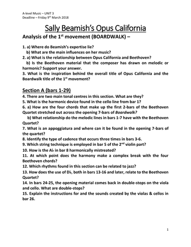 Analysis Worksheets for Sally Beamish's Opus California (I. Boardwalk & IV. Natural Bridges)