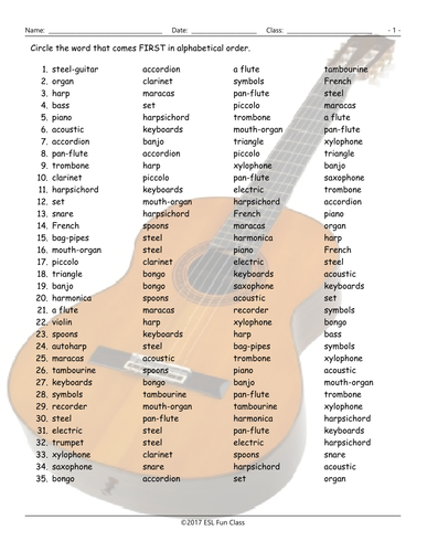 musical instruments alphabetical order worksheet teaching resources