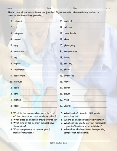 School Items-Places-Subjects Jumbled Words Worksheet | Teaching Resources