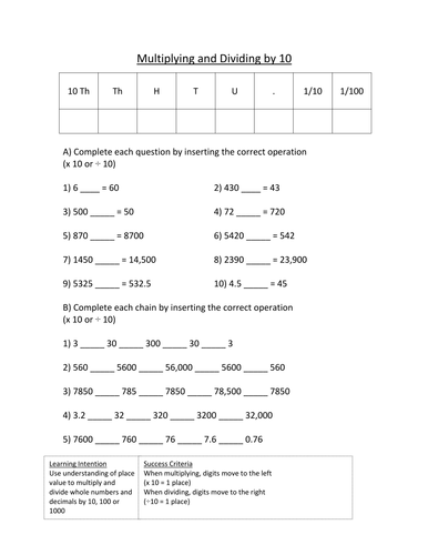 Year 5 - Multiplying and Dividing by 10, 100, 1000 - Worksheets ...