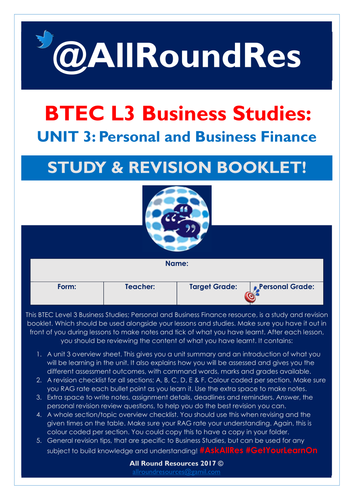 BTEC L3 Business Studies: Unit 3 - Personal & Business Finance Independent Study Booklet! EDITABLE!