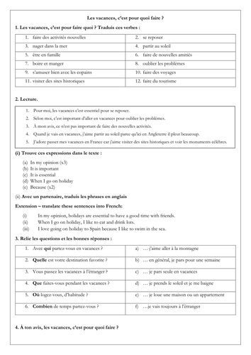 French GCSE holidays _ les vacances _ c'est pour quoi faire _ reading & vocabulary