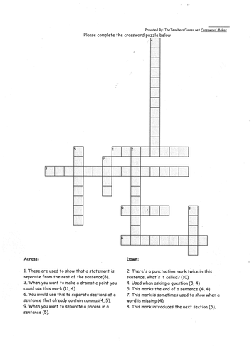 Punctuation Crossword Teaching Resources