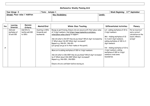 Adding multiplies of 10 and 100 - Addition- Year 3 - Plan and resources - Differentiated