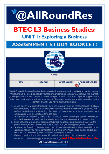 BTEC L3 Business Studies: Unit 1 - Exploring a Business Independent Study Booklet!