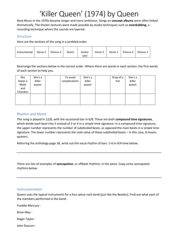 Killer Queen listening sheet | Teaching Resources