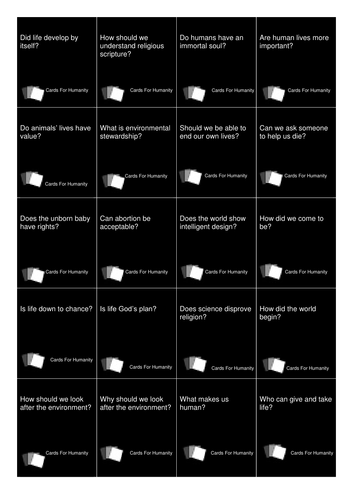WJEC Eduqas: Cards For Humanity: Issues of Life and Death Revision Game ...
