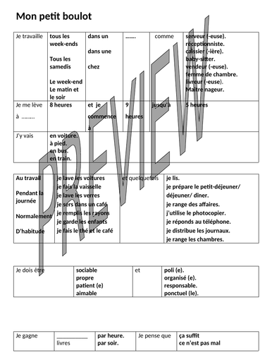 Sentence Builder - Mon petit boulot/Part time job