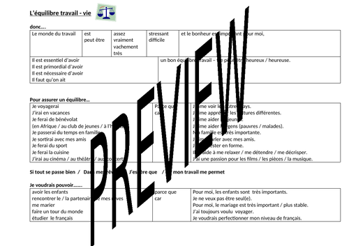 Sentence Builder -  L'équilibre travail – vie / Work life balance