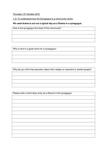 Judaism Synagogue worksheet | Teaching Resources