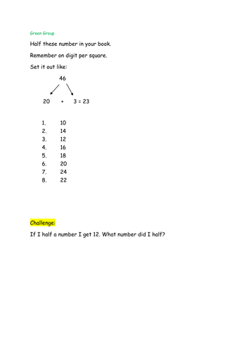 Halving 2 Digit Numbers Worksheet