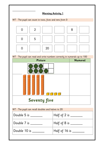 Year 2. Set of Morning Activity Sheets for Working Towards the Standard