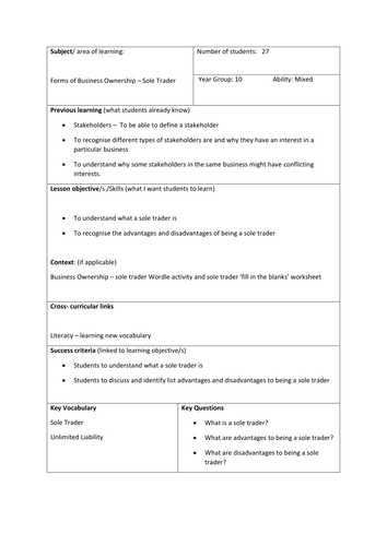 Sole Trader Lesson Plan with PowerPoint and Worksheet for GCSE Business ...