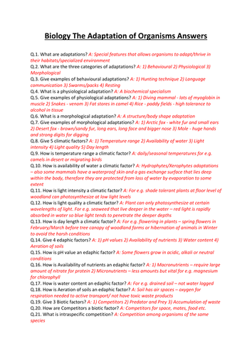 CCEA A-LEVEL BIOLOGY 2017 SPECIFICATION: AS 2: THE ADAPTATION OF ORGANISMS REVISION