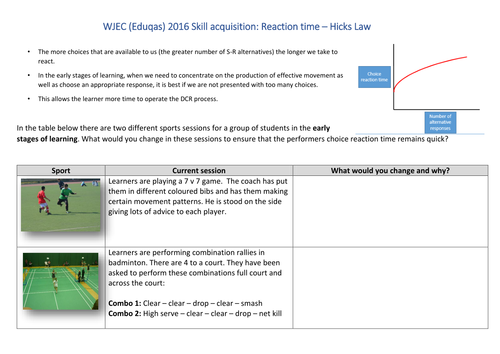 WJEC (eduqas) 2016 A level PE - Skill aquisition - memory, retention and reaction time