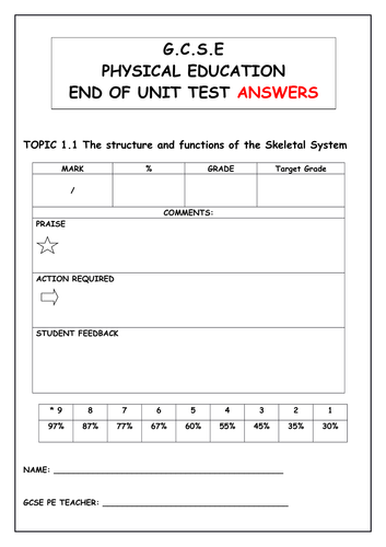 GCSE PE Edexcel (New Spec 2016) Skeletal System End of unit test & ANSWERS!