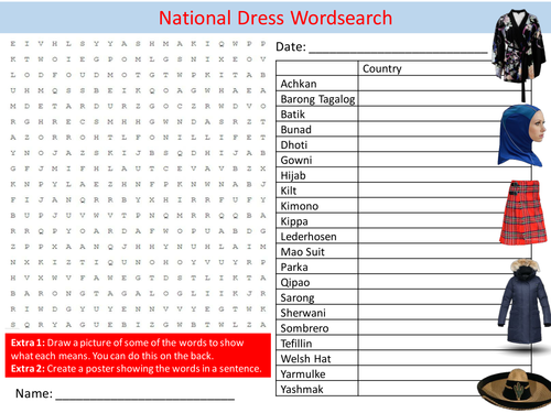 National Dress Wordsearch Countries Tradition Starter Settler Activity ...