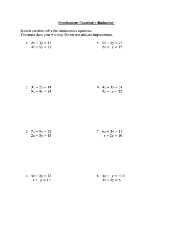 Simultaneous Equations (elimination Method) 