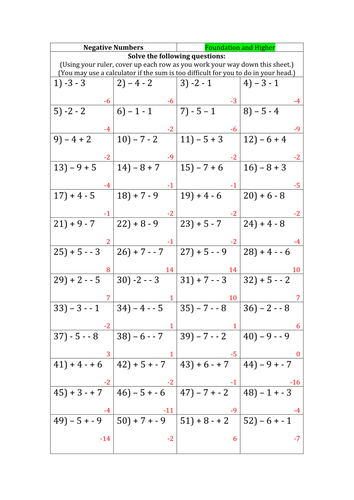 Negative Numbers Gcse Worksheet