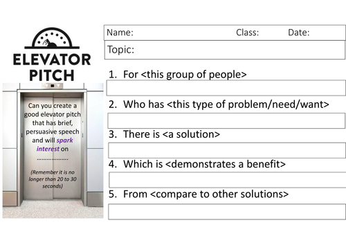 History Elevator Pitch Exercise and Worksheets