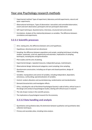 A Level Psychology Research Methods Revision Checklist