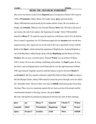 Henry VIII Monarchy Missing Word Worksheet