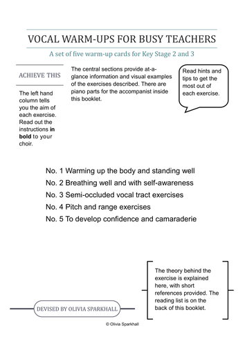 VOCAL WARM-UPS FOR BUSY TEACHERS - A set of five warm-up cards for ...