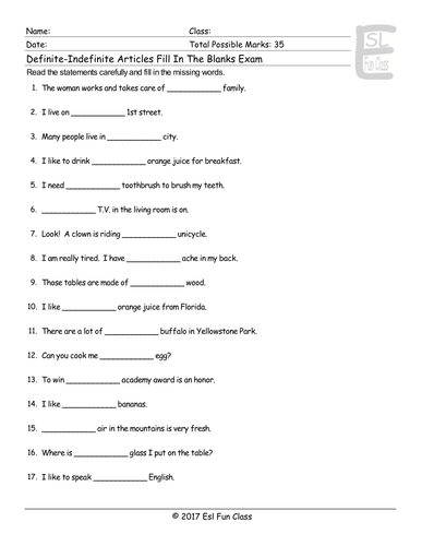 Definite indefinite articles fill in the blanks exam teaching resources