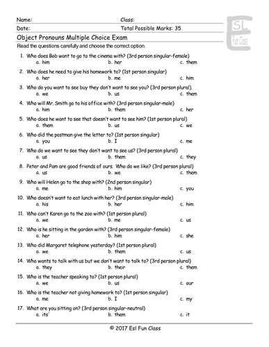 Object Pronouns Multiple Choice Exam Teaching Resources