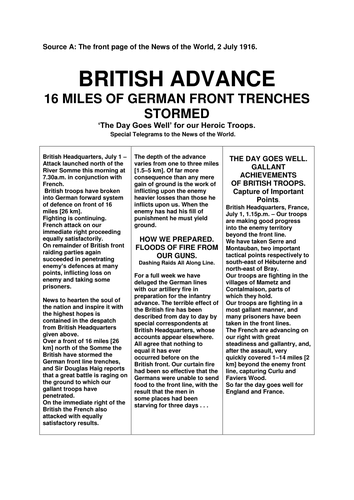 First World War - Lesson 6 - Battle of the Somme | Teaching Resources