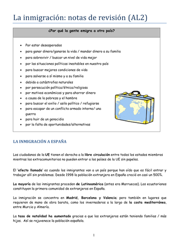 La inmigración (AL2, new AQA): Notas de revisión