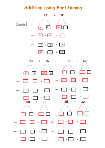 Addition of 2 digit numbers with partitioning worksheet