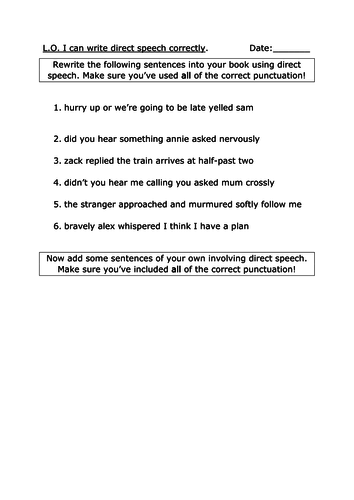 punctuation direct speech worksheets