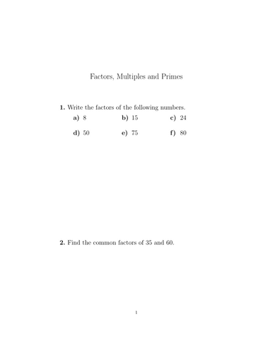 Factors, Multiples and Primes worksheet (with detailed solutions ...