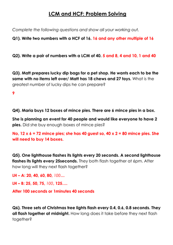 Lcm and hcf worded problems worksheet with solutions edexcel 