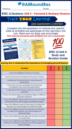 BTEC L3 Business Studies: Unit 3 - Personal & Business Finance Student Self Assessment Checklist!