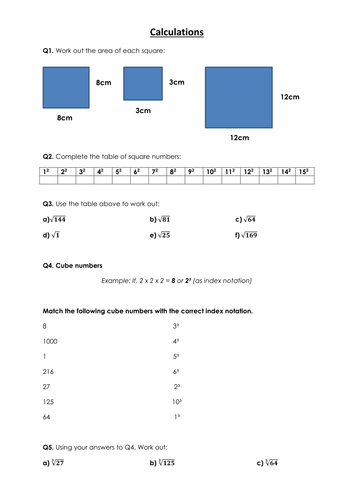 Square, Cubes and Roots - Edexcel KS3/KS4 | Teaching Resources