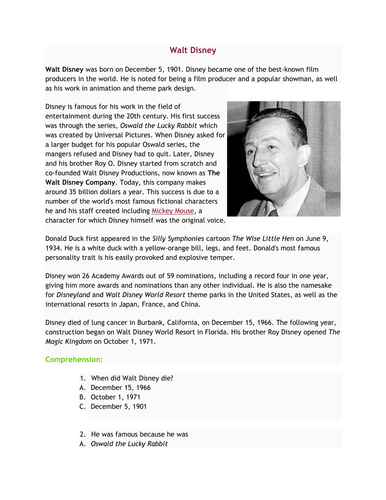 KS2 Reading Comprehension - The life of Walt Disney. 3 levels of