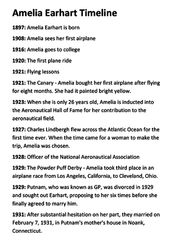 Amelia Earhart Timeline and Quotes Activity